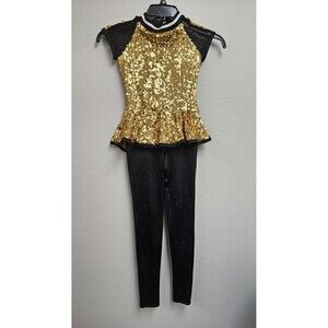 Weissman Costume Jumpsuit Girls M Gold Black Sequin Peplum Cap Sleeve Unitard